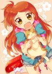  1girl animal blue_jacket blush brown_eyes cat character_name commentary_request denim denim_shorts fang holding holding_animal holding_cat hood hood_down idolmaster jacket kneeling long_hair looking_at_viewer ogami_tamaki open_mouth red_bag shorts skin_fang solo tarabagani 