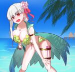  1girl armlet bangs bare_shoulders beach bikini blue_sky blush bracelet braid braided_ponytail breasts breasts_outside collarbone earrings fate/grand_order fate_(series) flower frills fukuyou_(s7324678123) green_bikini green_vest hair_flower hair_ornament hair_ribbon hood hooded_vest hoodie jewelry kama_(fate) kama_(swimsuit_avenger)_(fate) large_breasts leaning_forward long_hair looking_at_viewer lotus necklace nipples ocean open_mouth palm_leaf pendant red_eyes ribbon silver_hair sky solo swimsuit thigh_strap thighs vest 