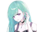  1girl bangs black_choker breasts choker cleavage collarbone earrings eyebrows_visible_through_hair green_hair hair_behind_ear highres jewelry long_hair looking_at_viewer mole mole_on_breast necklace open_mouth purple_eyes smile solo tsukune_(su_puoisi) virtual_youtuber vspo! yakumo_beni 