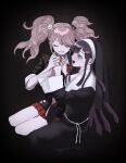  2girls :d bangs bear_hair_ornament black_background black_dress black_hair black_necktie black_shirt blush bow closed_eyes danganronpa:_trigger_happy_havoc danganronpa_(series) danganronpa_2:_goodbye_despair dress enoshima_junko gradient gradient_background grey_background grin habit hair_ornament holding_hands long_hair long_sleeves mole mole_under_eye multiple_girls nail_polish necktie nun open_mouth pink_eyes pleated_skirt red_bow red_nails red_skirt renshu_usodayo shiny shiny_hair shirt skirt smile tears teeth tsumiki_mikan twintails 