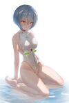  1girl adapted_costume ayanami_rei bare_arms bare_legs bare_shoulders barefoot blue_hair breasts can_zhu chinese_commentary closed_mouth collarbone competition_swimsuit covered_navel expressionless full_body hair_ornament highleg highleg_swimsuit highres kneeling looking_at_viewer medium_breasts neon_genesis_evangelion one-piece_swimsuit red_eyes reflection reflective_water shallow_water short_hair simple_background solo swimsuit water white_background white_swimsuit 