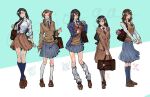  5girls aerith_gainsborough alternate_costume aqua_background bag beads black_hair blue_eyes blue_jacket blue_sky blue_socks book breasts brown_bag brown_eyes brown_hair brown_jacket brown_shoes brown_skirt brown_sweater brown_vest character_charm charm_(object) collared_shirt crystal earrings final_fantasy final_fantasy_ix final_fantasy_vii final_fantasy_viii final_fantasy_x flower full_body garnet_til_alexandros_xvii green_eyes grey_socks hair_beads hair_ornament hair_ribbon height_difference heterochromia holding holding_bag holding_book jacket jewelry kneehighs lily_(flower) loafers long_hair loose_socks low-tied_long_hair medium_breasts medium_hair multicolored_hair multiple_girls necktie official_alternate_costume open_mouth parted_bangs pleated_skirt reading red_necktie red_ribbon ribbon rinoa_heartilly school_uniform shio_ga shirt shoes shoulder_bag sidelocks skirt sky sleeves_past_wrists sleeves_rolled_up smile socks streaked_hair suit_jacket sweater sweater_vest tifa_lockhart two-tone_background v_arms valefor vest white_background white_shirt yellow_flower yuna_(ff10) 