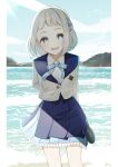  1girl absurdres arms_behind_back blue_eyes blue_overskirt blue_ribbon blue_sailor_collar blue_skirt blush commentary_request feet_out_of_frame gakuen_idolmaster grey_hair hair_ribbon half_up_braid hatsuboshi_gakuen_school_uniform highres idolmaster jacket katsuragi_lilja looking_at_viewer neck_ribbon nishimiya_aki outdoors pleated_skirt ribbon ribbon_braid sailor_collar school_uniform shirt shoes short_hair skirt smile solo unworn_shoes white_jacket white_shirt 