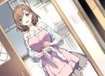  1girl :d aqua_eyes bob_cut booby_jockey!! brown_hair brown_skirt door dutch_angle earrings faucet hair_ornament holding holding_towel jewelry kitchen light_switch mimasaka_seirai nardack necklace novel_illustration off-shoulder_shirt off_shoulder official_art second-party_source shirt skirt smile solo star_(symbol) star_hair_ornament stud_earrings towel 