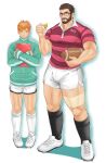  2boys alternate_costume bara beard black-framed_eyewear blush bulge couple dolphin_shorts facial_hair fresuke_sanc full_body glasses gyee highres holding kneehighs large_pectorals male_focus mature_male multiple_boys muscular muscular_male orange_hair pectorals rugby rugby_ball rugby_uniform shirt short_hair shorts socks sportswear stomach thick_thighs thighs tight tight_shirt turing_(gyee) vundo_(gyee) whistle whistle_around_neck yaoi 