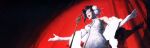  1girl black_hair closed_eyes cowboy_bebop creamyghost curtains dress elbow_gloves faye_valentine flower from_below gloves hair_flower hair_ornament highres lipstick makeup microphone_stand music open_mouth outstretched_arms short_hair singing sleeveless sleeveless_dress solo spotlight spread_arms stage_curtains white_dress 