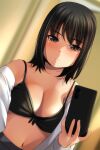  1girl absurdres bangs bare_shoulders black_bra black_hair blurry blurry_background blush bow bow_bra bra breasts brown_eyes cellphone cleavage closed_mouth commentary_request depth_of_field dutch_angle eyebrows_visible_through_hair highres holding holding_phone long_hair long_sleeves looking_at_viewer matsunaga_kouyou medium_breasts navel nose_blush off_shoulder open_clothes open_shirt original phone selfie shirt solo underwear white_shirt 