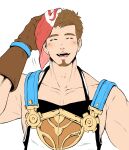  1boy ^_^ absurdres bara bare_arms bare_shoulders billy_(gyee) blush brown_hair closed_eyes facial_hair facing_viewer fresuke_sanc goatee gyee highres male_focus mature_male muscular muscular_male pectoral_cleavage pectorals short_hair sideburns sidepec smile solo upper_body 