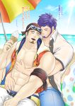  2boys abs bara bare_pectorals beach beard billy_(gyee) black_male_swimwear blush clothes_pull clothing_aside couple facial_hair food food_on_face fresuke_sanc goatee grabbing gyee hand_under_clothes heads_together highres ice_cream jacket male_focus male_swimwear master_(gyee) mature_male multiple_boys muscular muscular_male navel nipples open_clothes open_jacket open_shirt pectoral_grab pectorals purple_hair sand short_hair sideburns smile stomach sunglasses sunlight swim_briefs swim_trunks swimsuit swimsuit_aside thick_thighs thighs translated white_male_swimwear yaoi 
