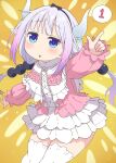  1girl absurdres black_hairband blue_eyes blush buttons capelet dragon_girl dragon_horns eyebrows_visible_through_hair feet_out_of_frame frilled_capelet frills hairband hatsuno_xxx highres horns kanna_kamui kobayashi-san_chi_no_maidragon light_purple_hair long_hair long_sleeves low_twintails open_mouth slit_pupils solo speech_bubble thighhighs twintails white_capelet white_legwear 