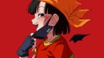  1girl black_eyes black_gloves black_hair dragon_ball dragon_ball_gt fingerless_gloves from_side gloves half-closed_eyes mask mask_pull mouth_mask open_mouth orange_bandana pan_(dragon_ball) red_background red_shirt rom_(20) shirt sideways_glance simple_background smile solo upper_body vampire_(vocaloid) 