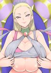  1girl are_(arearee) blonde_hair breasts center_opening cleavage clothes_lift collarbone deep_skin dragon_quest dragon_quest_xi eyelashes forehead halterneck highres huge_breasts lips long_hair looking_at_viewer paizuri_invitation purple_eyes selen_(dq11) shiny shiny_hair shiny_skin shirt_lift sidelocks smile solo tiara underboob upper_body 
