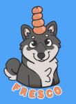 badge balancing balancing_object blue_background canid canine canis domestic_dog fur grey_body grey_fur hi_res luckfoxo33 male mammal orange shiba_inu simple_background spitz tail tail_tuft tuft