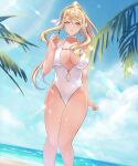  1girl ass_visible_through_thighs atelier_(series) atelier_ryza bangs blonde_hair blue_sky breasts brown_hairband casual_one-piece_swimsuit cleavage clothing_cutout cloud collarbone day eyebrows_visible_through_hair floating_hair hair_between_eyes hair_ribbon hairband high_ponytail highres klaudia_valentz large_breasts long_hair looking_at_viewer midriff navel navel_cutout one-piece_swimsuit outdoors parted_lips ribbon shiny shiny_hair sky smk solo standing stomach summer sunlight swept_bangs swimsuit thigh_gap very_long_hair white_ribbon white_swimsuit yellow_eyes 