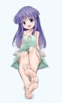  1girl :d absurdres aomoro bangs bare_arms bare_shoulders barefoot blue_background blush collarbone commentary dress eyebrows_visible_through_hair feet foot_focus foreshortening full_body furude_rika green_dress head_tilt highres higurashi_no_naku_koro_ni long_hair looking_at_viewer open_mouth purple_eyes purple_hair sidelocks simple_background sitting sleeveless sleeveless_dress smile soles solo toes 