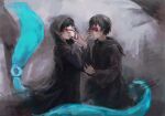  2boys bin_brothers_(tokyo_ghoul) black_cloak black_hair black_nails brothers brown_hair cloak gradient gradient_background grey_background hand_up holding holding_mask hood hooded_cloak kagune_(tokyo_ghoul) long_sleeves looking_at_another looking_at_viewer male_focus mask multiple_boys nail_polish red_eyes short_hair siblings straw_like tokyo_ghoul torn_cloak torn_clothes 