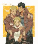  1girl 2boys annie_leonhardt belt bertolt_hoover black_hair blonde_hair blue_eyes blue_shirt blush commentary_request green_shirt height_difference highres hood hug mappo_m2 military military_uniform multiple_boys pants paradis_military_uniform reiner_braun shingeki_no_kyojin shirt short_hair simple_background survey_corps survey_corps_(emblem) suspenders thigh_strap uniform yellow_eyes 