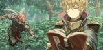  2boys ambush armor attack black_armor black_gloves black_pants blonde_hair blue_capelet blue_scarf book bush capelet closed_mouth clueless collared_capelet commentary_request covered_mouth dated_commentary day eyebrows_visible_through_hair fire_emblem fire_emblem_fates floating_scarf forest furrowed_brow gloves gold_trim hair_between_eyes hair_slicked_back half-closed_eyes harusame_(rueken) high_collar holding holding_book japanese_clothes jitome leo_(fire_emblem) light_rays long_sleeves male_focus mask motion_lines mouth_mask multiple_boys nature ninja ninja_mask open_book orange_eyes outdoors pants reading red_hair running saizo_(fire_emblem) scar scar_across_eye scar_on_face scarf shiny shiny_hair short_hair shoulder_armor shoulder_pads sidelocks standing sunbeam sunlight translation_request tree tsurime upper_body 