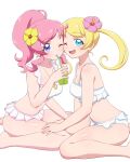  2girls ;d aqua_eyes bikini bikini_skirt blonde_hair blue_eyes breasts cleavage closed_eyes commentary_request cup disposable_cup drink drinking_straw eyebrows_visible_through_hair flower frilled_bikini frills hair_flower hair_ornament hibiscus jewelry kiratto_pri_chan long_hair looking_at_viewer medium_breasts moegi_emo momoyama_mirai multiple_girls necklace one_eye_closed open_mouth pink_hair ponytail pretty_(series) sidelocks sitting smile swimsuit tropical_drink twintails umi_no_tarako wariza white_background white_bikini 