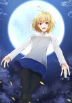  1girl :d antenna_hair arcueid_brunestud bangs black_legwear blonde_hair blue_skirt eyebrows_visible_through_hair full_moon gnlo hair_between_eyes highres jewelry long_sleeves looking_at_viewer miniskirt moon necklace night open_mouth pantyhose red_eyes short_hair skirt smile solo sweater tsukihime tsukihime_(remake) white_sweater 