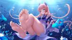  1girl absurdres air_bubble bangs bare_legs bare_shoulders barefoot blue_bow blue_eyes blue_nails blunt_bangs bow bubble cameltoe commentary_request coral crossed_ankles detached_sleeves feet fish floating_hair foot_focus foreshortening full_body genshin_impact gloves hair_ornament highres long_hair looking_at_viewer mu_xue_(1024612186) nail_polish parted_lips pink_hair sangonomiya_kokomi shorts soles solo toenail_polish toenails toes underwater vision_(genshin_impact) white_gloves white_shorts wide_sleeves 