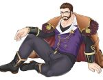  1boy absurdres bara beard black-framed_eyewear boots bulge coat coat_on_shoulders facial_hair fresuke_sanc full_body glasses gyee highres large_pectorals looking_at_viewer male_focus mature_male muscular muscular_male pectoral_cleavage pectorals purple_shirt shirt short_hair sitting smile solo thighs vundo_(gyee) 