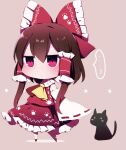  ... 1girl ascot bangs black_cat bow brown_background brown_hair cat closed_mouth detached_sleeves eyebrows_visible_through_hair full_body hair_bow hair_tubes hakurei_reimu highres looking_at_viewer medium_hair nontraditional_miko paw_print red_bow red_eyes red_footwear red_shirt red_skirt ribbon-trimmed_sleeves ribbon_trim shirt sidelocks simple_background skirt spoken_ellipsis standing sweatdrop touhou white_legwear wide_sleeves yellow_ascot you_(noanoamoemoe) 