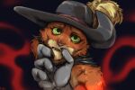 4_fingers anthro canid canine canis cape caressing caressing_chin cheek_tuft chin_grab chin_tuft claws clothing death_(puss_in_boots) domestic_cat dreamworks duo faceless_character faceless_male facial_tuft felid feline felis fingers first_person_view fluffy follka fur fuzzy green_eyes grey_body grey_fur hat headgear headwear hi_res high-angle_view looking_at_viewer looking_up male male_(lore) mammal nervous offscreen_character open_mouth orange_body orange_fur pov_hands puss_in_boots_(dreamworks) puss_in_boots_(franchise) red_smoke signature simple_background smoke solo_focus teeth tuft whiskers wolf