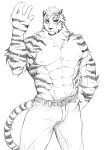  1boy abs absurdres animal_ears arknights arm_up bara blue_eyes bulge feet_out_of_frame furry furry_male greyscale highres ioenami large_pectorals looking_at_viewer male_focus monochrome mountain_(arknights) muscular muscular_male navel nipples pectorals scar scar_across_eye short_hair sketch solo spot_color stomach tail thick_thighs thighs tiger_boy tiger_ears tiger_tail topless_male 