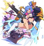  1girl amelia_(world_flipper) ammunition_belt anchor arm_up artist_request bangs bikini bikini_under_clothes black_choker black_shorts blue_hair blue_jacket blush breasts cannon casing_ejection choker explosive eyebrows_visible_through_hair finger_on_trigger firing flying full_body grenade gun hair_between_eyes hair_intakes hair_ornament hair_ribbon hand_up headset highres holding holding_grenade holding_gun holding_weapon jacket jetpack large_breasts light_blush light_machine_gun long_hair long_sleeves micro_shorts multicolored_footwear muzzle_flash navel non-web_source official_art open_clothes open_jacket ponytail puffy_long_sleeves puffy_sleeves ribbon sandals shell_casing shiny shiny_hair ship short_shorts shorts sidelocks single_thighhigh skindentation skull smoke solo sticker stomach swimsuit teeth thigh_strap thighhighs tied_hair transparent_background two-sided_fabric two-sided_jacket water watercraft weapon white_legwear world_flipper yellow_ribbon 