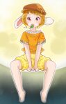  1girl animal_ears barefoot blonde_hair bogyaku_no_m brown_headwear cabbie_hat dango food food_in_mouth full_body hat looking_at_viewer moon rabbit_ears red_eyes ringo_(touhou) short_hair short_sleeves shorts sitting solo touhou wagashi yellow_shorts 