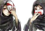  2boys bangs bin_brothers_(tokyo_ghoul) black_hair brothers cloak half_mask hand_up holding holding_mask hood hood_up hooded_cloak long_sleeves male_focus mask mask_removed mouth_mask multiple_boys one_eye_covered red_eyes short_hair siblings simple_background sketch straw_like tokyo_ghoul white_background 