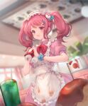  1girl :d absurdres apron bang_dream! bangs bead_bracelet beads bear_hair_ornament blurry blurry_background blush bottle bow bowtie bracelet ceiling collared_dress commentary_request cowboy_shot cup day disposable_cup dress drink drinking_straw dutch_angle earrings flag food food_on_clothes frilled_apron frills hair_bow hair_ornament hairclip hands_up heart heart_earrings highres holding holding_bottle indoors japanese_flag jewelry ketchup ketchup_bottle looking_at_viewer maid_headdress maruyama_aya medium_hair nervous_smile nogi_momoko omurice open_mouth pink_bow pink_dress pink_eyes pink_hair plant puffy_short_sleeves puffy_sleeves red_bow red_bowtie restaurant short_sleeves sidelocks smile solo squeeze_bottle stain stained_clothes standing sweatdrop twintails waitress white_apron window wrist_cuffs 
