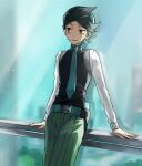  1boy arm_support bad_id bad_pixiv_id belt belt_buckle black_hair black_vest buckle buttons green_belt green_eyes green_hair green_necktie green_pants half-closed_eyes highres long_sleeves male_focus multicolored_hair necktie pants pokemon pokemon_(game) pokemon_dppt pokemon_platinum shirt short_hair smile solo striped striped_pants thorton_(pokemon) two-tone_hair vertical-striped_pants vertical_stripes vest white_shirt yuzudaze 