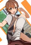 1girl brown_eyes brown_hair brown_shoes brown_sweater_vest collared_shirt commentary_request grey_skirt highres kneehighs maeve_(ve) misaka_mikoto open_mouth school_uniform shirt shoes shorts shorts_under_skirt skirt socks solo summer_uniform sweater_vest toaru_kagaku_no_railgun toaru_majutsu_no_index tokiwadai_school_uniform white_shirt white_shorts white_socks 