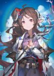  1girl absurdres ahoge animal_ears arknights brown_hair chinese_commentary closed_mouth cloud coat collared_shirt commentary_request curled_horns eyjafjalla_(arknights) eyjafjalla_the_hvit_aska_(arknights) highres horns kirstin_(lan_yuxiu) lens_flare long_hair long_sleeves open_clothes open_coat pink_eyes pink_shirt pouch shirt smile solo sparkle white_coat white_horns 