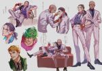 4boys adjusting_clothes adjusting_necktie alcohol bald biker_(hotline_miami) blonde_hair commentary_request drinking drunk earrings formal green_eyes green_hair henchman_(hotline_miami) highres hotline_miami hotline_miami_2:_wrong_number jacket jewelry male_focus meipu_hm multiple_boys multiple_views necktie pants ponytail richard_(hotline_miami) shoes son_(hotline_miami) speech_bubble whiskey yaoi 