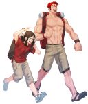  2boys abs alexandros_(fate) backpack bag brown_shorts fate/zero fate_(series) full_body iskandar_(fate) jeje_(pixiv12541114) large_pectorals male_focus multiple_boys muscular muscular_male navel navel_hair nipples pectorals red_eyes red_hair short_hair shorts stomach topless_male walking waver_velvet younger 