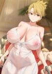  1girl 2boys blonde_hair blood blurry blurry_background breasts breasts_apart closed_mouth covered_navel covered_nipples death dress earrings fullmetal_alchemist ginhaha gunshot_wound highres huge_breasts jewelry multiple_boys nipples red_eyes riza_hawkeye see-through_clothes see-through_dress solo_focus stud_earrings 