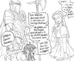  1boy 2girls armor bb_(baalbuddy) commentary dress elf english_commentary english_text greyscale halberd headband highres holding holding_polearm holding_weapon knight monochrome multiple_girls original paladin_(baalbuddy) pointy_ears polearm shortstack simple_background speech_bubble weapon white_background 