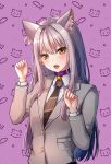  1girl animal_ears animal_print bang_dream! bangs bell blazer blush breasts brown_necktie cat_ears cat_print collar collared_shirt commentary_request eyebrows_visible_through_hair fish_print gradient_hair grey_hair grey_jacket haneoka_school_uniform head_tilt highres jacket jingle_bell long_hair long_sleeves looking_at_viewer medium_breasts minato_yukina multicolored_hair neck_bell necktie open_mouth orange_eyes paw_pose ptal purple_background purple_collar school_uniform shirt sidelocks solo standing upper_body white_shirt wing_collar 
