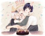  1boy 2girls :d bangs black_hair black_shirt blush cake cake_hat candle child collared_shirt dated family father_and_daughter food gradient gradient_background hair_bun happy happy_birthday hat highres hug husband_and_wife kaneki_ichika kaneki_ken kirishima_touka long_sleeves mother_and_daughter multicolored_hair multiple_girls open_mouth party_hat purple_hair shirt smile table teeth tokyo_ghoul tokyo_ghoul:re toukaairab two-tone_hair upper_teeth white_hair white_shirt 