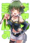  1boy 81_(mellowry) akizuki_ryo animal_print antenna_hair belt black_belt black_shirt blush bow breasts brown_eyes chain cleavage collarbone commentary_request contrapposto cowboy_shot crossdressing earrings fingernails fishnet_thighhighs fishnets green_eyes green_hair hair_bow hair_ornament hand_on_own_hip highres idolmaster idolmaster_dearly_stars idolmaster_million_live! idolmaster_million_live!_theater_days jewelry leopard_print lips long_fingernails long_sleeves male_focus male_with_breasts mars_symbol midriff navel necklace o-ring_collar onitsuyo_mind_(idolmaster) open_mouth otoko_no_ko outstretched_arm shirt short_hair shorts solo standing star_(symbol) star_earrings star_hair_ornament star_necklace thighhighs v white_background white_shorts 