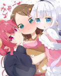  3girls :i :t @_@ bangs black_shirt blue_eyes blunt_bangs blush breast_press breasts brown_hair cheek-to-cheek cheek_squash commentary_request fang fang_out girl_sandwich green_eyes group_hug hair_between_eyes heads_together heart highres horns hug huge_breasts ilulu_(maidragon) kanna_kamui kobayashi-san_chi_no_maidragon long_hair long_sleeves looking_at_viewer makuran multiple_girls nose_blush parted_lips paw_print pointy_ears red_eyes red_hair saikawa_riko sandwiched shirt simple_background slit_pupils white_background white_hair yuri 