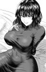  1girl black_hair breasts daraz18aka dress fubuki_(one-punch_man) greyscale hand_on_breast highres large_breasts looking_at_viewer monochrome on_bed one-punch_man parted_lips shadow short_hair simple_background sitting sitting_on_bed solo white_background 