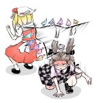  2girls black_footwear black_legwear blonde_hair brown_eyes brown_hair checkered checkered_skirt commentary crystal dodging flandre_scarlet hat hat_ribbon highres himekaidou_hatate long_hair mary_janes mob_cap motion_lines multiple_girls open_mouth peroponesosu. purple_skirt red_skirt red_vest ribbon sandals scared shirt shoes short_hair simple_background skirt tokin_hat touhou two_side_up vest white_background white_shirt wide-eyed wings 