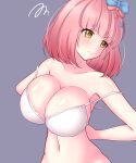  1girl arms_behind_back bangs bare_shoulders blunt_bangs bow bra breasts chieru_(princess_connect!) cleavage closed_mouth collarbone commentary_request frown grey_background hair_bow hair_ornament head_tilt highres large_breasts medium_hair navel pink_hair princess_connect! removing_bra simple_background solo squiggle star_(symbol) star_hair_ornament strap_slip tagu_c0032 underwear upper_body v-shaped_eyebrows white_bra yellow_eyes 