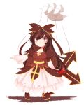  1girl blckbrd17 boots bow breasts brown_boots brown_bow brown_dress brown_eyes brown_hair brown_shirt celine_kimi closed_mouth commentary cross dress english_commentary frown full_body hair_bow highres long_hair looking_at_viewer marionette medium_breasts puppet ragnarok_online shirt simple_background skirt solo transparent_background very_long_hair white_skirt 
