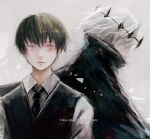  2boys anniversary bangs black_cloak black_hair black_vest blue_eyes brown_hair cloak closed_mouth collared_shirt commentary_request copyright_name crown dual_persona eyebrows_visible_through_hair grey_hair grey_shirt kaneki_ken looking_at_viewer looking_down male_focus multicolored_hair multiple_boys necktie numbered red_eyes shirt short_hair straw_like tokyo_ghoul tokyo_ghoul:re two-tone_hair upper_body vest waiter 