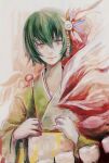  1girl bangs blue_eyes eto_(tokyo_ghoul) flower green_hair hair_between_eyes hair_flower hair_ornament holding japanese_clothes kagune_(tokyo_ghoul) kimono long_sleeves looking_at_viewer noro_(tokyo_ghoul) orange_kimono red_eyes short_hair smile solo straw_like teeth_print tokyo_ghoul tokyo_ghoul:re upper_body white_background 